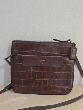 Fossil Dark Brown Croc-Embossed Leather Messenger Bag